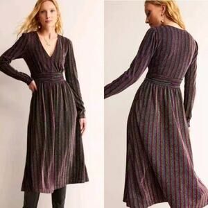 BODEN METALLIC STRIPE LONG SLEEVE SWEATER DRESS IN BURGUNDY MULTI STRIPE SIZE 6R